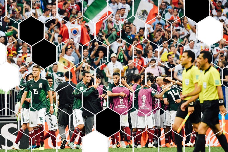 Mexican players celebrate victory over Germany during the World Cup.